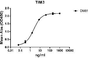 ELISA plate pre-coated by 2 μg/mL (100 μL/well) Human protein, mFc-His tagged protein ABIN6961103, ABIN7042235 and ABIN7042236 can bind Rabbit anti- monoclonal antibody (clone: DM81) in a linear range of 0. (TIM3 anticorps  (AA 22-202))