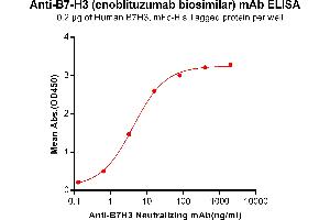 ELISA plate pre-coated by 2 μg/mL (100 μL/well) Human B7-H3, mFc-His tagged protein ABIN6961085, ABIN7042199 and ABIN7042200 can bind Anti-B7-H3 Neutralizing antibody in a linear range of 0. (Recombinant B7-H3 (Enoblituzumab Biosimilar) anticorps)