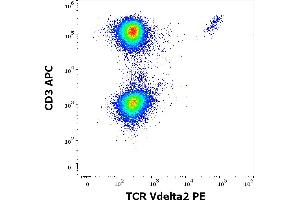 Flow cytometry multicolor surface staining of human lymphocytes stained using anti-human TCR Vdelta2 (B6) PE antibody (10 μL reagent / 100 μL of peripheral whole blood) and anti-human CD3 (UCHT1) APC antibody (10 μL reagent / 100 μL of peripheral whole blood). (TCR, V delta 2 anticorps (PE))