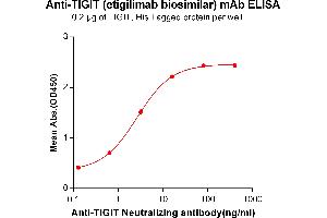 ELISA plate pre-coated by 2 μg/mL (100 μL/well) Human TIGIT, His tagged protein ABIN6961183, ABIN7042395 and ABIN7042396 can bind Anti-TIGIT Neutralizing antibody in a linear range of 0. (Recombinant TIGIT (Etigilimab Biosimilar) anticorps)