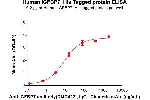 ELISA plate pre-coated by 2 μg/mL (100 μL/well) Human IG Protein, His Tag (ABIN7092833, ABIN7272498 and ABIN7272499) can bind Anti-IG antibody, IgG1 Chimeric mAb in a linear range of 3. (IGFBP7 Protein (AA 30-282) (His tag))