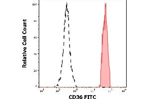 Separation of human monocytes (red-filled) from CD36 negative lymphocytes (black-dashed) in flow cytometry analysis (surface staining) of human peripheral whole blood stained using anti-human CD36 (TR9) FITC antibody (20 μL reagent / 100 μL of peripheral whole blood). (CD36 anticorps  (FITC))