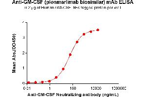 ELISA plate pre-coated by 2 μg/mL (100 μL/well) Human GM-CSF Protein, hFc Tag (ABIN7092727, ABIN7272292 and ABIN7272293) can bind Anti-GM-CSF Neutralizing antibody (ABIN7478022 and ABIN7490990) in a linear range of 0. (Recombinant GM-CSF (Plonmarlimab Biosimilar) anticorps)