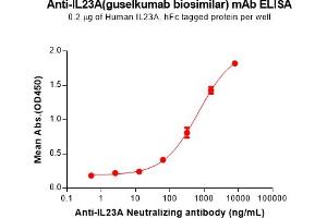 ELISA plate pre-coated by 2 μg/mL (100 μL/well) Human IL23A Protein, hFc Tag (ABIN7455730, ABIN7491310 and ABIN7491311) can bind Anti-IL23A(guselkumab biosimilar) mAb ((ABIN7538767)) in a linear range of 64-8000 ng/mL. (IL23A (Guselkumab Biosimilar) anticorps  (Glu239Asp-Mutant, Met241Leu-Mutant))