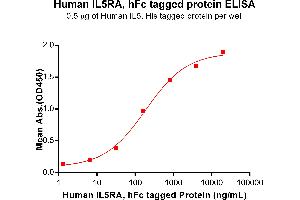 ELISA plate pre-coated by 5 μg/mL (100 μL/well) Human IL5 protein, His Tag ABIN6961138, ABIN7042305 and ABIN7042306 can bind Human IL5RA Protein, hFc Tag (ABIN7092703, ABIN7272206 and ABIN7272207) in a linear range of 6. (IL5RA Protein (AA 21-338) (Fc Tag))