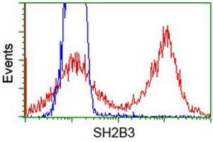 HEK293T cells transfected with either RC218359 overexpress plasmid (Red) or empty vector control plasmid (Blue) were immunostained by anti-SH2B3 antibody (ABIN2454598), and then analyzed by flow cytometry. (SH2B3 anticorps)