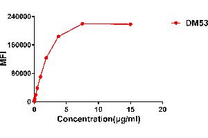 Flow cytometry data of serially titrated Rabbit anti-B7H3 monoclonal antibody (clone: DM53) on on Expi 293 cell line transfected with human B7-H3. (Recombinant CD276 anticorps  (AA 29-245))