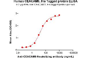ELISA plate pre-coated by 2 μg/mL (100 μL/well) Human CEA Protein, His Tag (ABIN6964142, ABIN7042563 and ABIN7042564) can bind Anti-CEA Neutralizing antibody ABIN7477999 and ABIN7490936 in a linear range of 0. (CEACAM6 Protein (AA 35-320) (His tag))