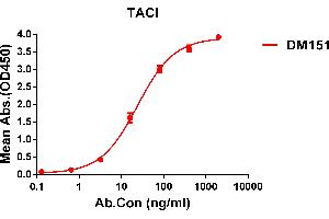 ELISA plate pre-coated by 1 μg/mL (100 μL/well) Human TACI protein, hFc tagged protein ABIN6964073, ABIN7042401 and ABIN7042402 can bind Rabbit anti-TACI monoclonal antibody (clone: DM151) in a linear range of 5-100 ng/mL. (TACI anticorps  (AA 2-166))
