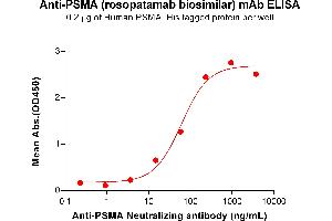 ELISA plate pre-coated by 2 μg/mL (100 μL/well) Human PSMA Protein, His Tag ABIN7092710, ABIN7272236 and ABIN7272237 can bind Anti-PSMA Neutralizing antibody (ABIN7478020 and ABIN7490988) in a linear range of 3. (Recombinant PSMA (Rosopatamab Biosimilar) anticorps)