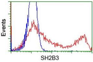 HEK293T cells transfected with either RC218359 overexpress plasmid (Red) or empty vector control plasmid (Blue) were immunostained by anti-SH2B3 antibody (ABIN2454696), and then analyzed by flow cytometry. (SH2B3 anticorps)