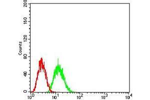 Flow cytometric analysis of HepG2 cells using TTR mouse mAb (green) and negative control (red). (TTR anticorps  (AA 1-147))