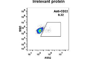 Expi 293 cell line transfected with irrelevant protein  (left) and human CD22  (right) were surface stained with Rabbit anti- CD22 monoclonal antibody 1 μg/mL (clone: DM13) followed by Alexa 488-conjugated anti-rabbit IgG secondary antibody. (CD22 anticorps  (AA 20-687))